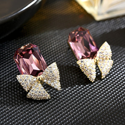 Rectangle Crystal Zirconia Bow Tie Stud Earrings