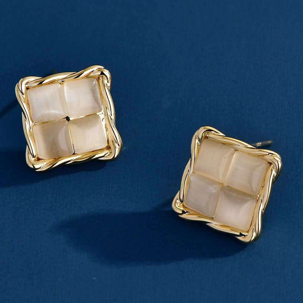 Moonstone Croissant Square Stud Earrings