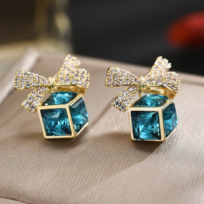 Blue Crystal Cube Sapphire Ribbon Stud Earrings