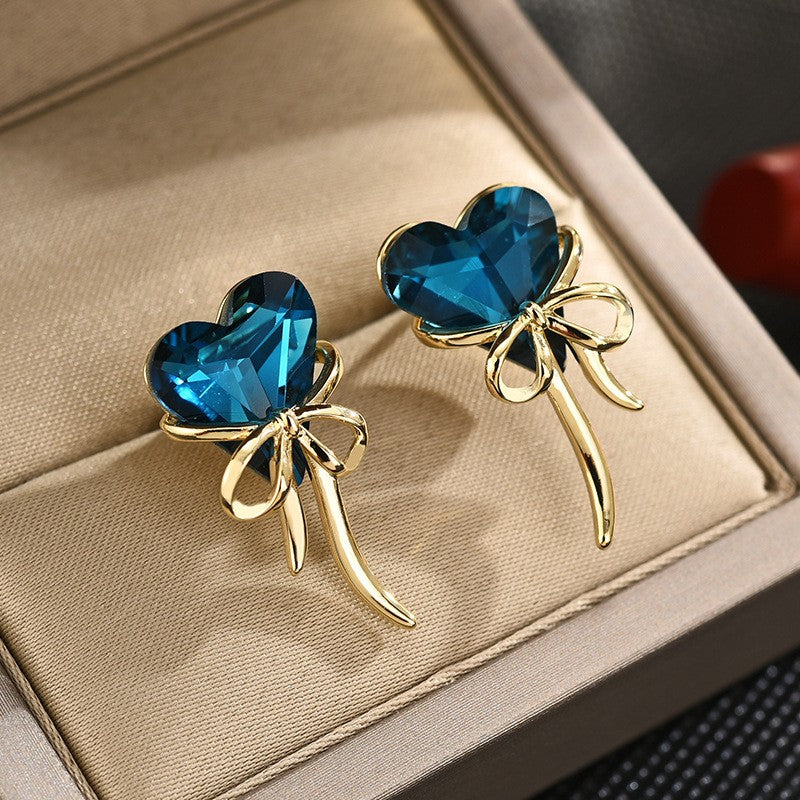 Blue Crystal Heart Sapphire Ribbon Stud Earrings