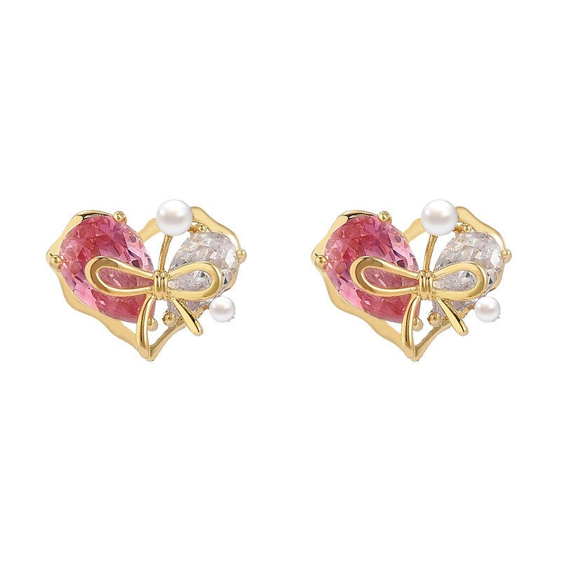 Double Pearl Pink Crystal Heart Stud Earrings