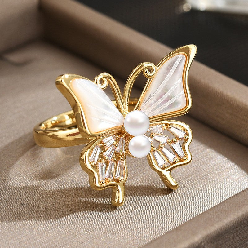 Pearl and Mother of Pearl Butterfly Open Gold Ring