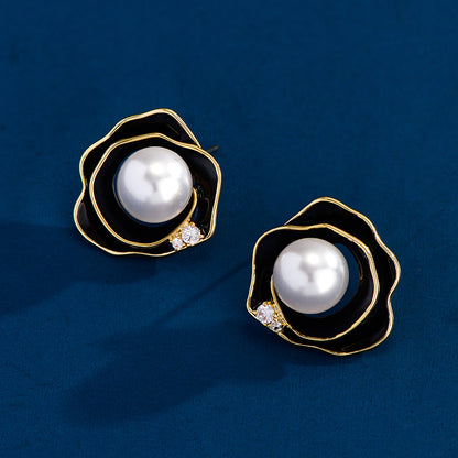 Freshwater Pearl Black Rose Stud Earrings