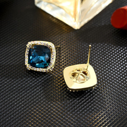 Square Blue Crystal Sapphire Stud Earrings