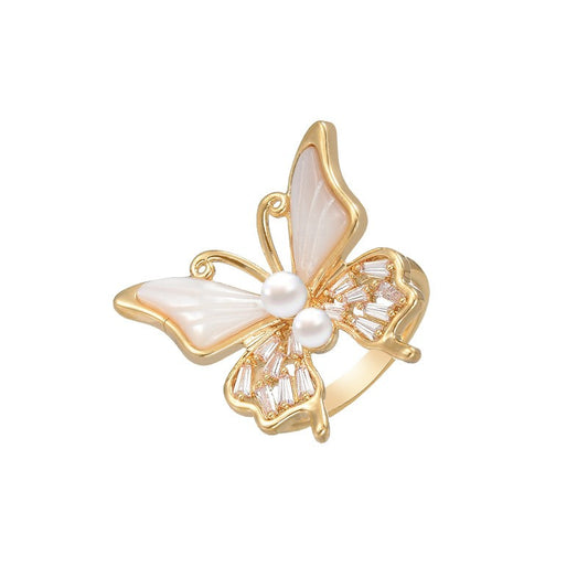 Pearl and Mother of Pearl Butterfly Open Gold Ring