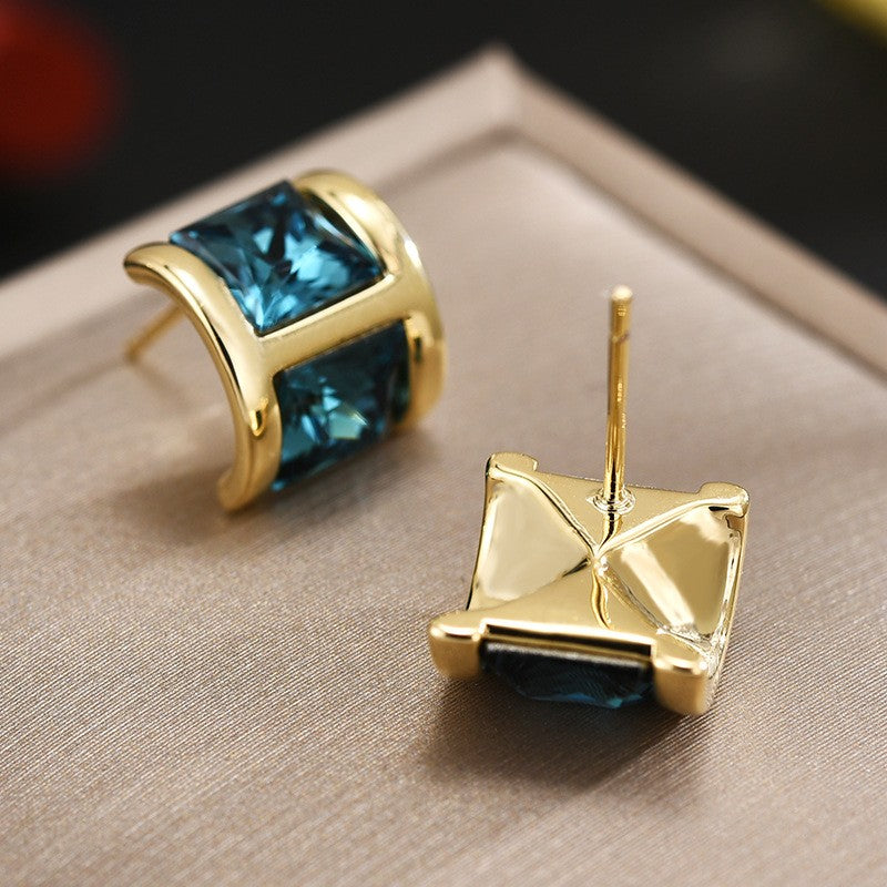 Blue Crystal Semi Arc Stud Earrings