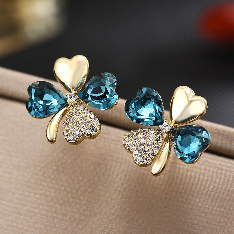 Blue Crystal Zircon Clover Stud Earrings