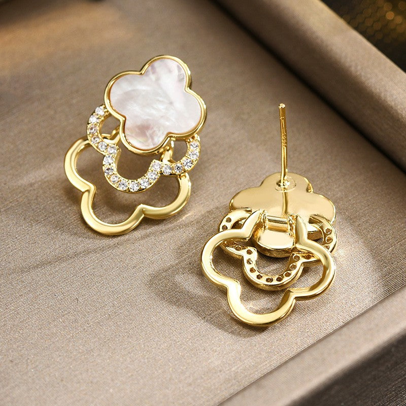 Trio Mother of Pearl Clover Zirconia Stud Earrings