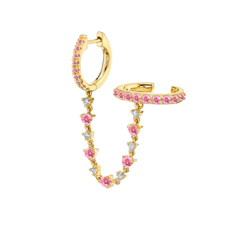 Pink Sapphire Dangling One Piece Ear Chain Clip Earrings