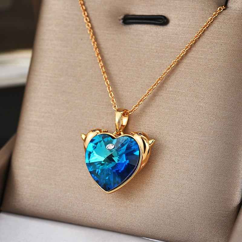 Double Dolphin Blue Crystal Heart Pendent Necklace