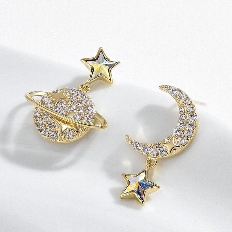 Earth and Moon Star Asymmetrical Dangling Stud Earrings