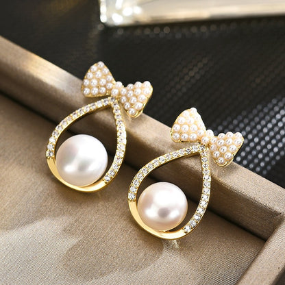 Freshwater Pearl Bow Tie Zircon Stud Earrings