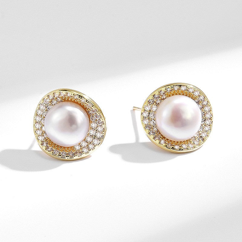 Freshwater Pearl Zirconia Round Stud Earrings