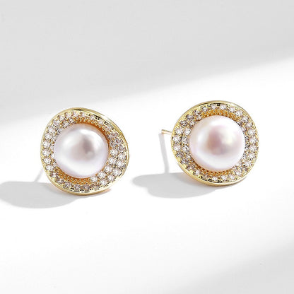 Freshwater Pearl Zirconia Round Stud Earrings