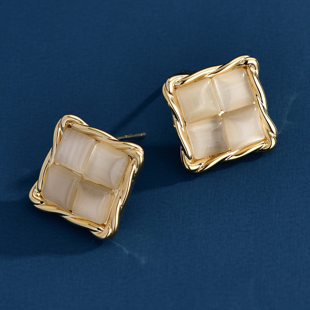 Moonstone Croissant Square Stud Earrings