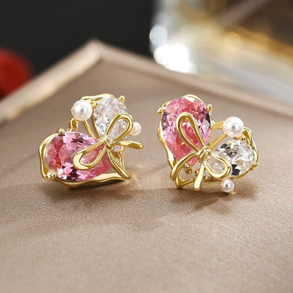 Double Pearl Pink Crystal Heart Stud Earrings