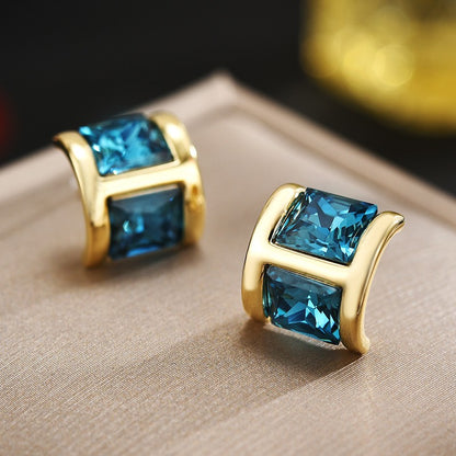 Blue Crystal Semi Arc Stud Earrings