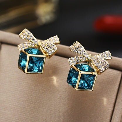 Blue Crystal Cube Sapphire Ribbon Stud Earrings