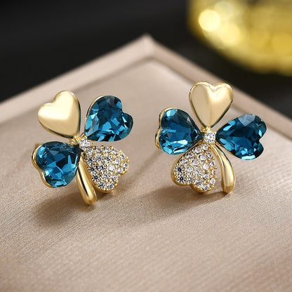 Blue Crystal Zircon Clover Stud Earrings