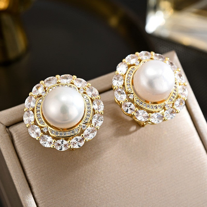 Freshwater Pearl Round Full Zirconia Stud Earrings