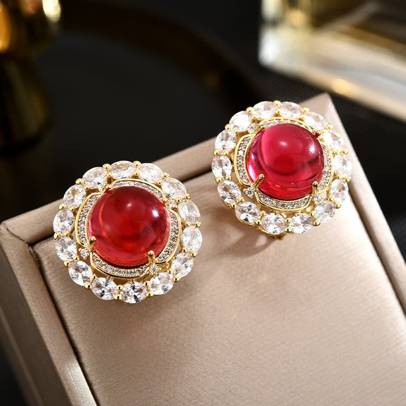 Circle Ruby Zircon Stud Earrings