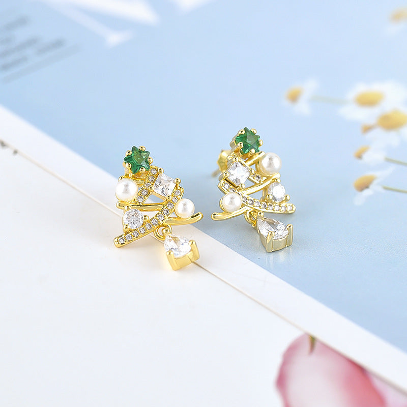 Teardrop Green Sapphire Dangling Christmas Tree Stud Earring