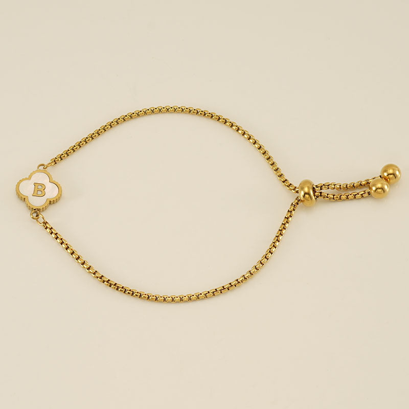 Clover Initial Letter Mother of Pearl Box Chain Bracelet