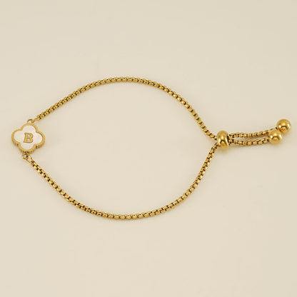 Clover Initial Letter Mother of Pearl Box Chain Bracelet