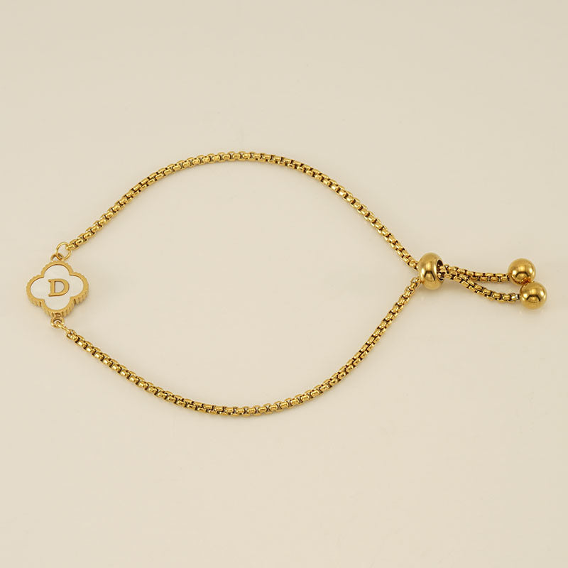 Clover Initial Letter Mother of Pearl Box Chain Bracelet