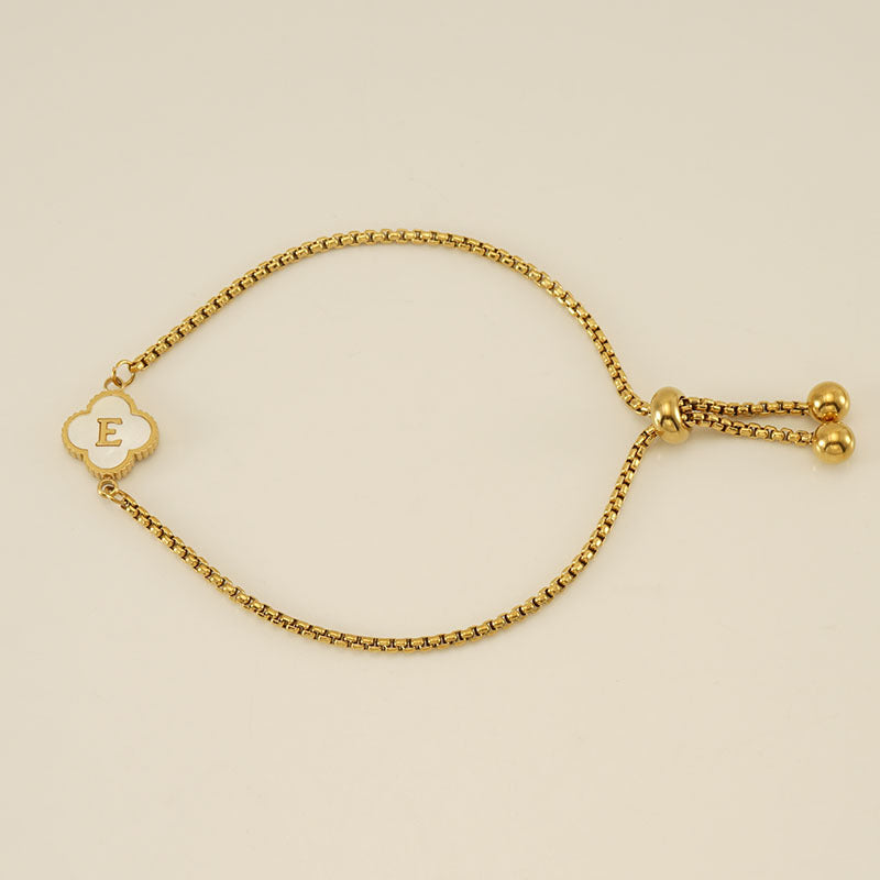 Clover Initial Letter Mother of Pearl Box Chain Bracelet