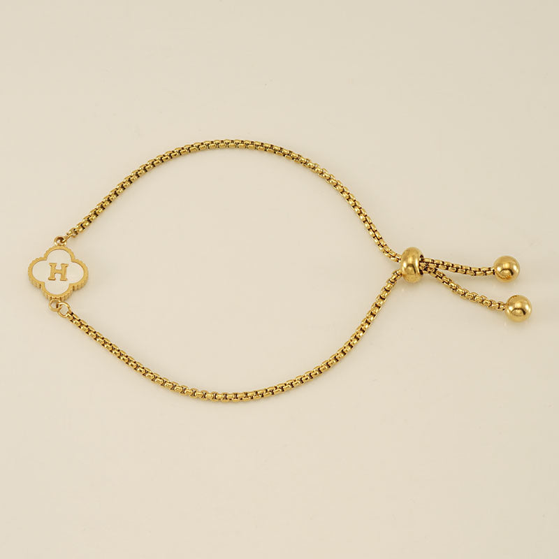 Clover Initial Letter Mother of Pearl Box Chain Bracelet