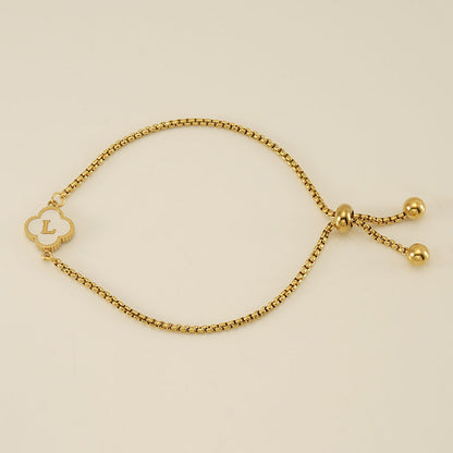 Clover Initial Letter Mother of Pearl Box Chain Bracelet