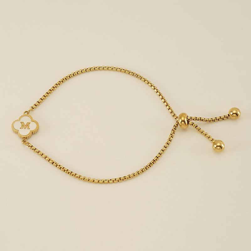 Clover Initial Letter Mother of Pearl Box Chain Bracelet