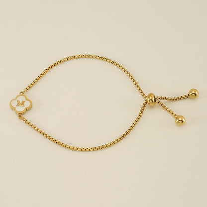 Clover Initial Letter Mother of Pearl Box Chain Bracelet