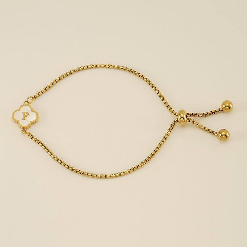 Clover Initial Letter Mother of Pearl Box Chain Bracelet