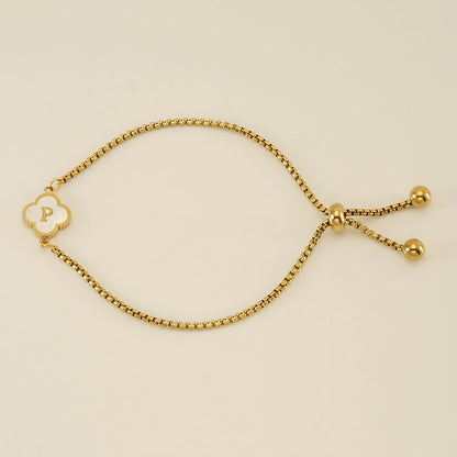 Clover Initial Letter Mother of Pearl Box Chain Bracelet