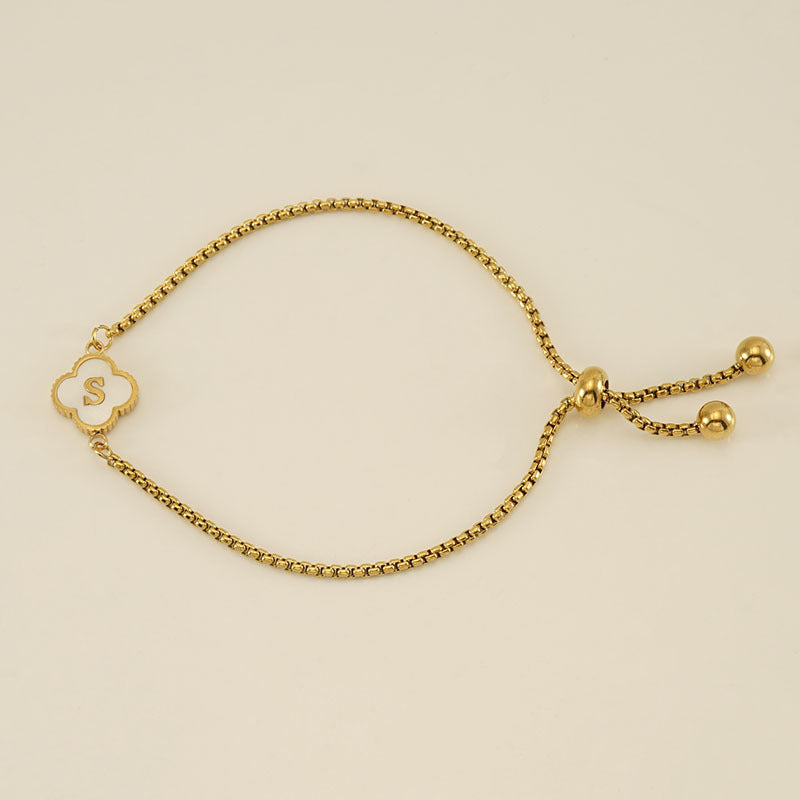 Clover Initial Letter Mother of Pearl Box Chain Bracelet