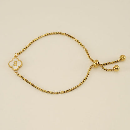 Clover Initial Letter Mother of Pearl Box Chain Bracelet