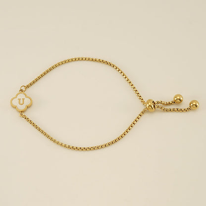 Clover Initial Letter Mother of Pearl Box Chain Bracelet