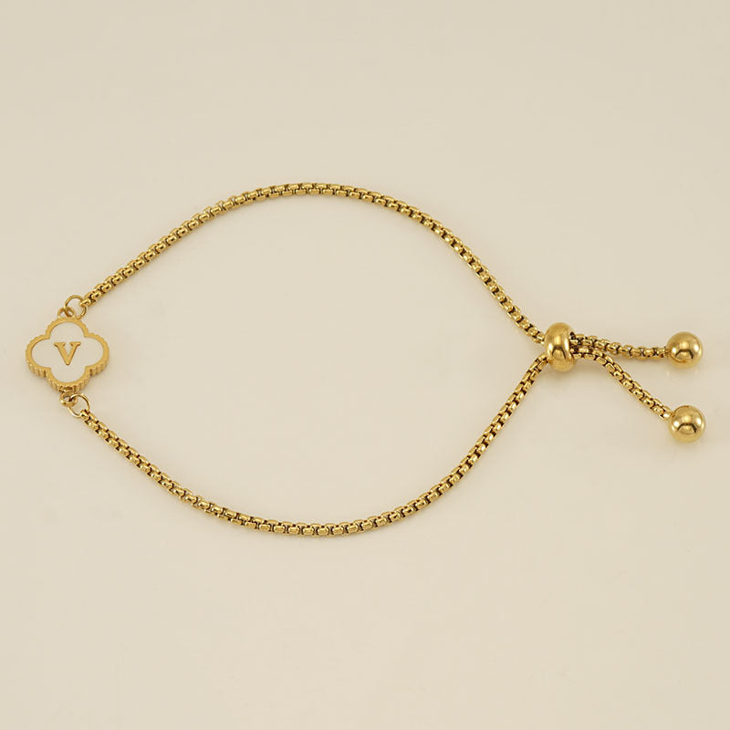 Clover Initial Letter Mother of Pearl Box Chain Bracelet