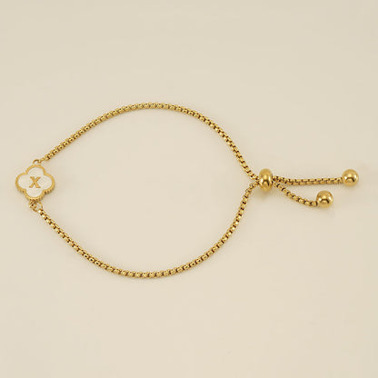 Clover Initial Letter Mother of Pearl Box Chain Bracelet