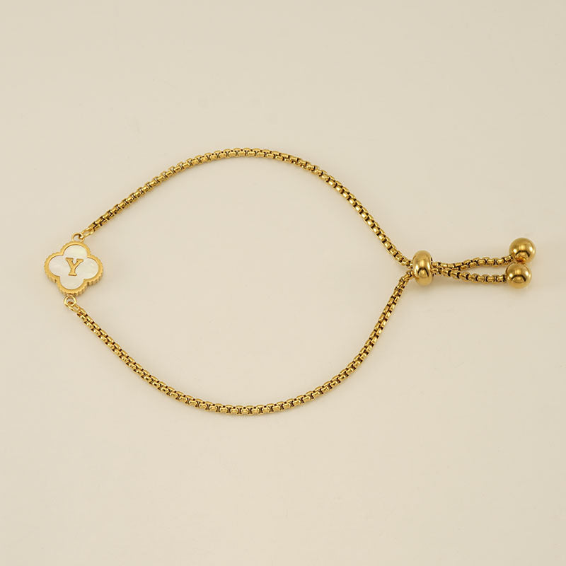 Clover Initial Letter Mother of Pearl Box Chain Bracelet