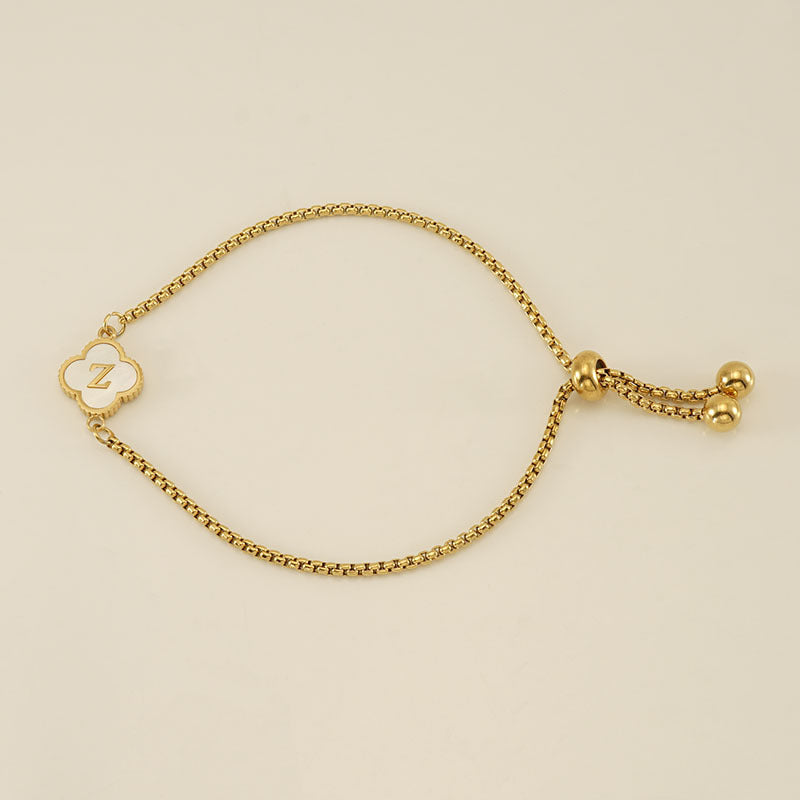 Clover Initial Letter Mother of Pearl Box Chain Bracelet